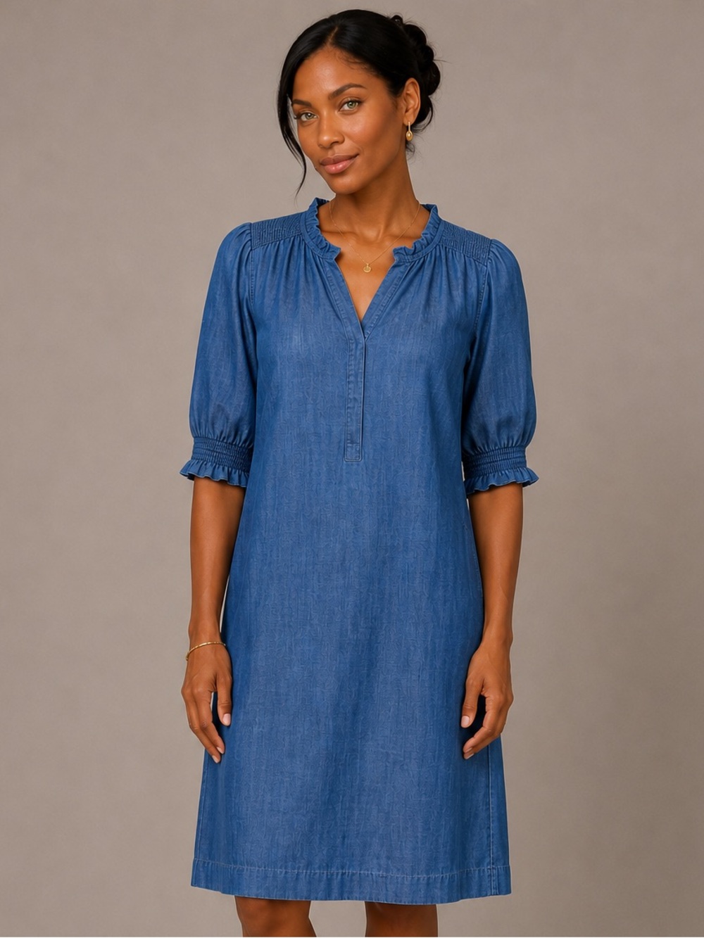 Talbots Chambray Tencel Shift Dress Blue Ruffle Sleeve Size L NWT